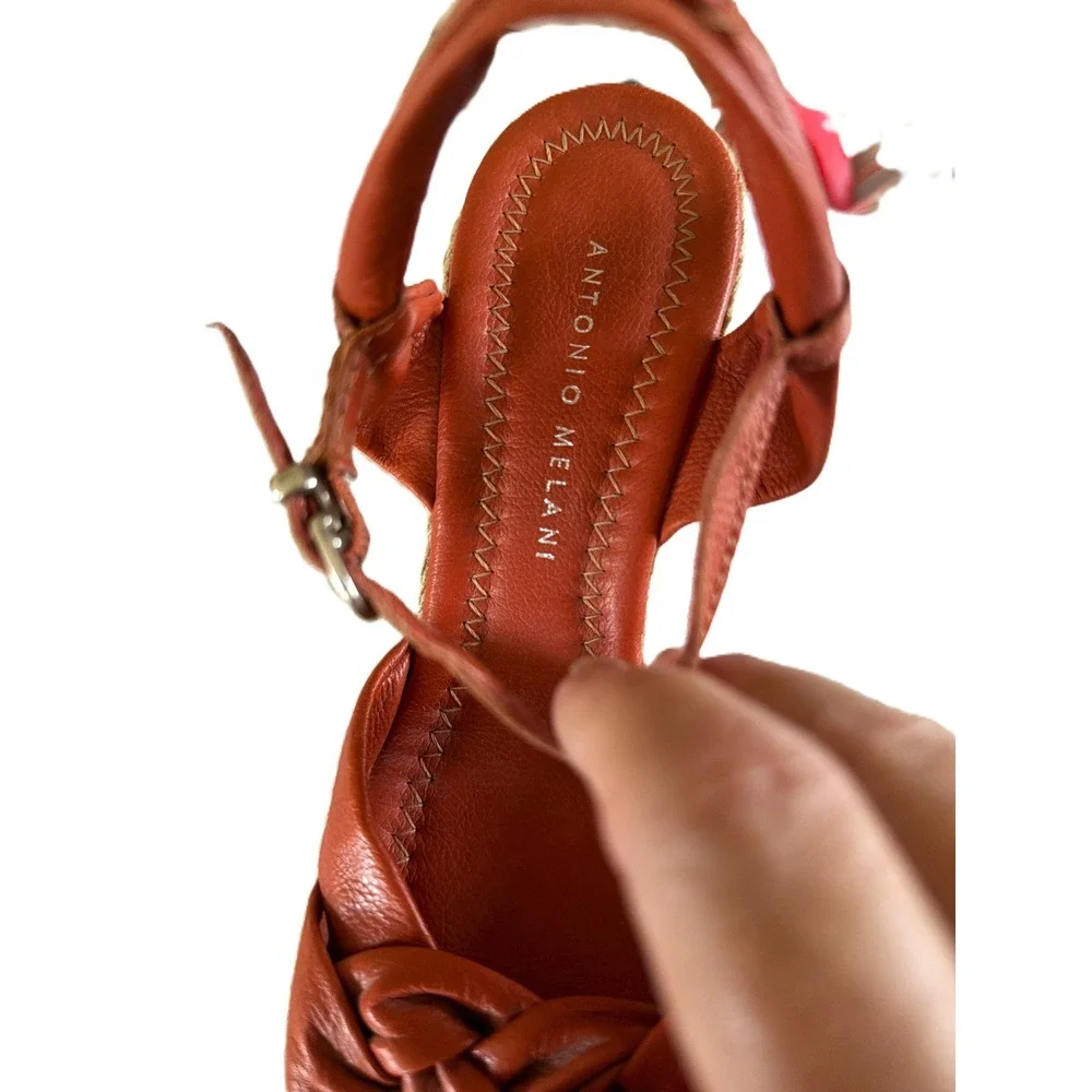 Antonio Melani Braided Espadrille Wedge Sandals Coral Orange Leather Strappy 7M